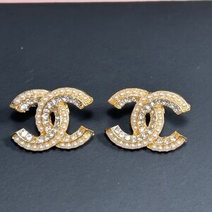 Gold and White Pearl With Rhinestone Accent Earrings